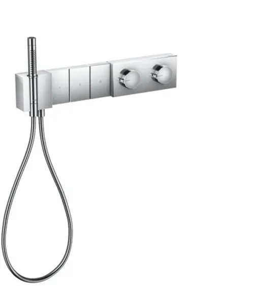 Thermostatmodul von AXOR mit Steuerungselementen für Wasserverbrauch, ausgestattet mit einer Handbrause. Moderne, flache Oberfläche in Chromoptik.
